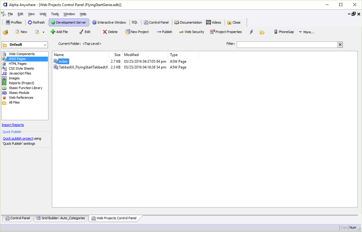 Viewing all the .a5w pages in the web project